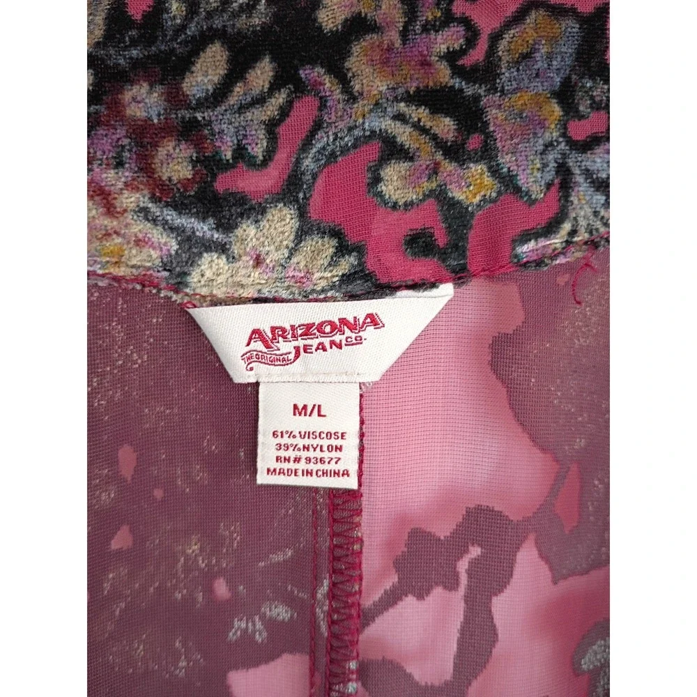 Arizona Jean Co Women Burnout Velvet Floral Open Front Kimono Burgundy Black M/L - Picture 7 of 8